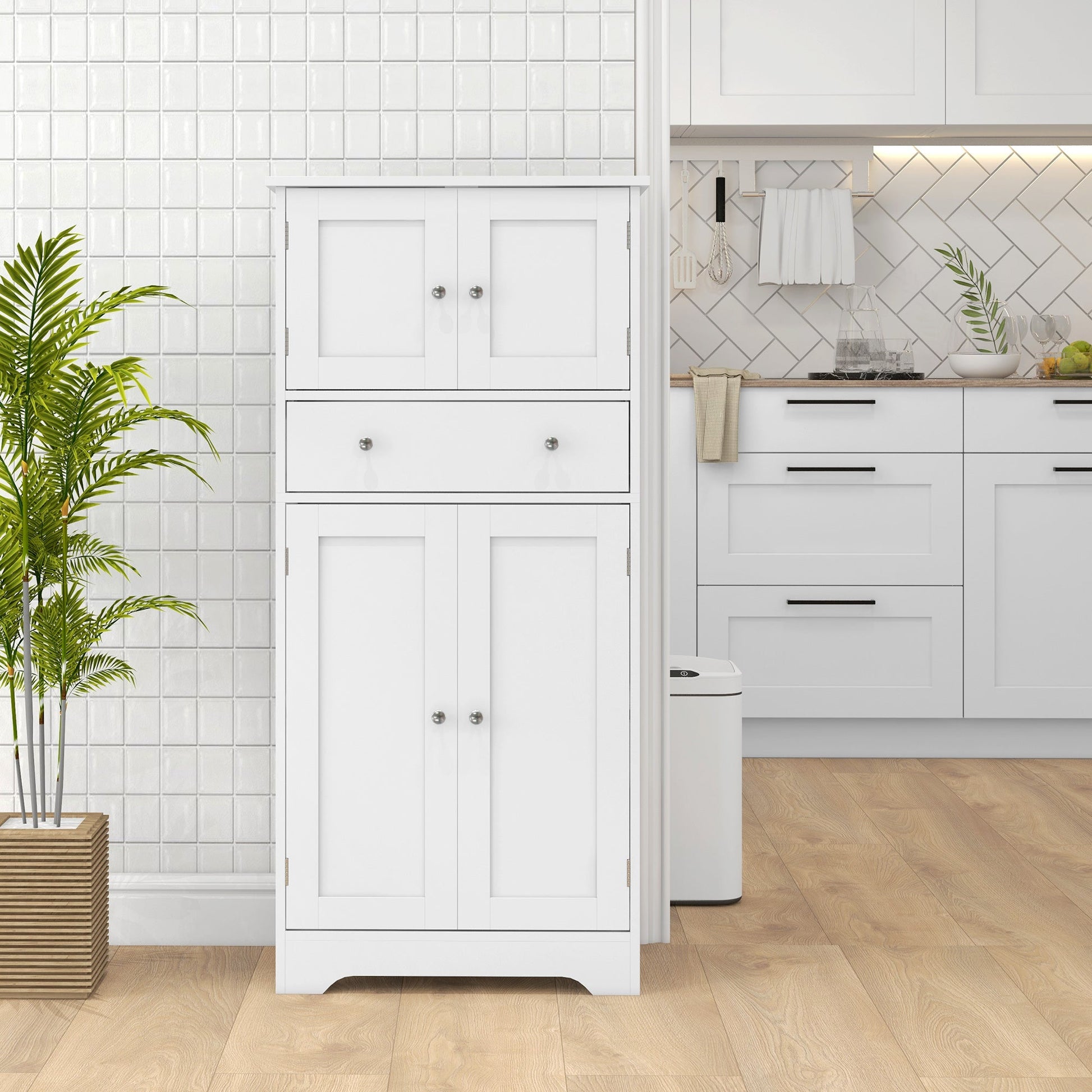 HOMCOM Kitchen Cupboard, Modern Freestanding Kitchen Storage Cabinet with Doors and Shelves, Kitchen Cabinet with Drawer and Adjustable Shelf, White