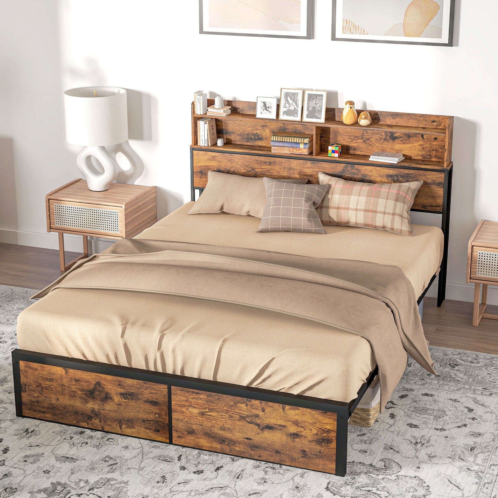 HOMCOM Industrial King Bed Frame, 5.2FT Steel Bed Base with Storage Headboard, Footboard, Slatted Support and Under Bed Storage, 158 x 222cm, Rustic Brown