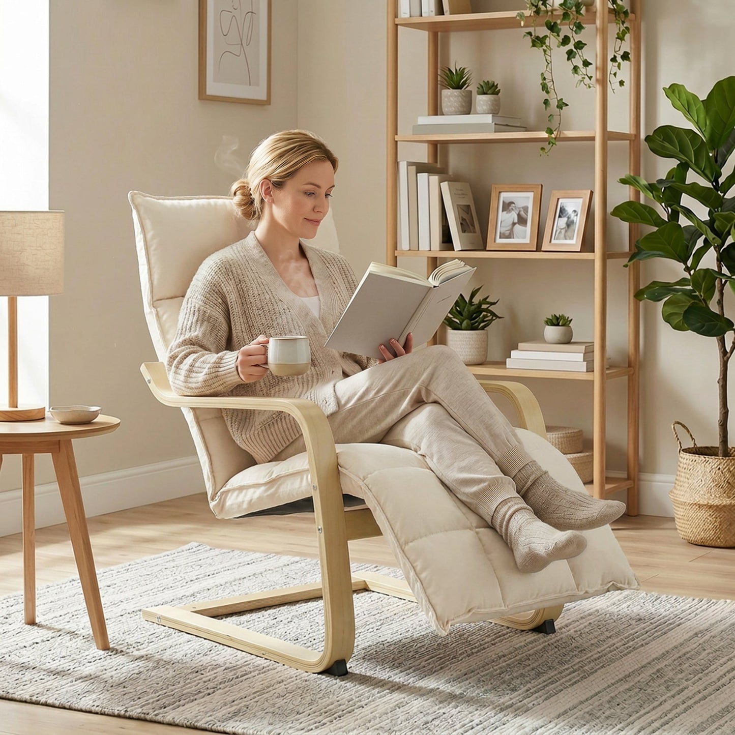 Accent Chair, Linen-Look Fabric Armchair with Footrest, Plush Cushion, High Back, Wide Seat, Curved Legs and Arms, Gentle Motion, Leisure Lounge Chair for Living Room, Bedroom, Cream White
