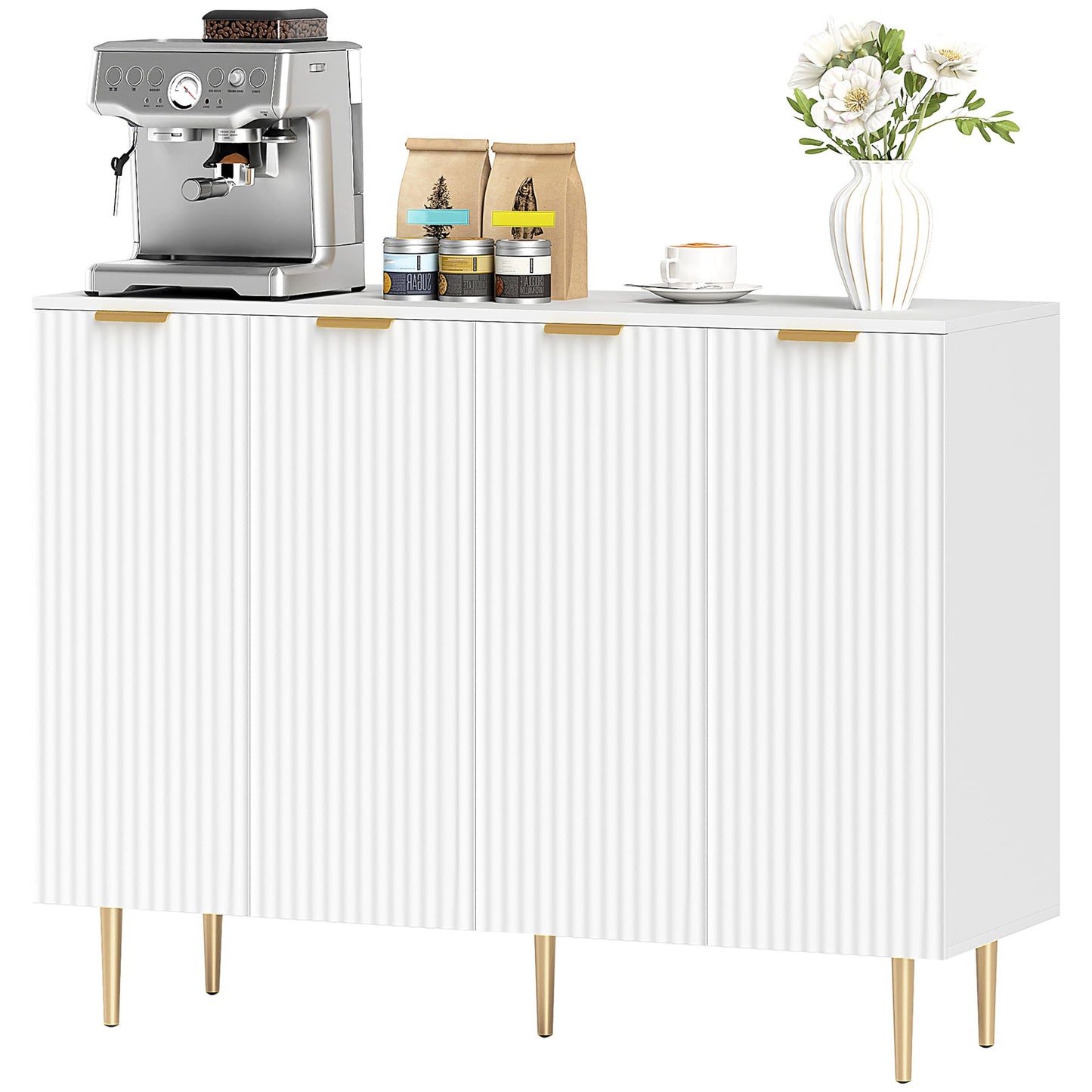 Sideboard Buffet Cabinet, Modern Kitchen Storage Cabinet with 4 Doors and Adjustable Shelves, Living Room Cabinet with Metal Legs for Hallway, White