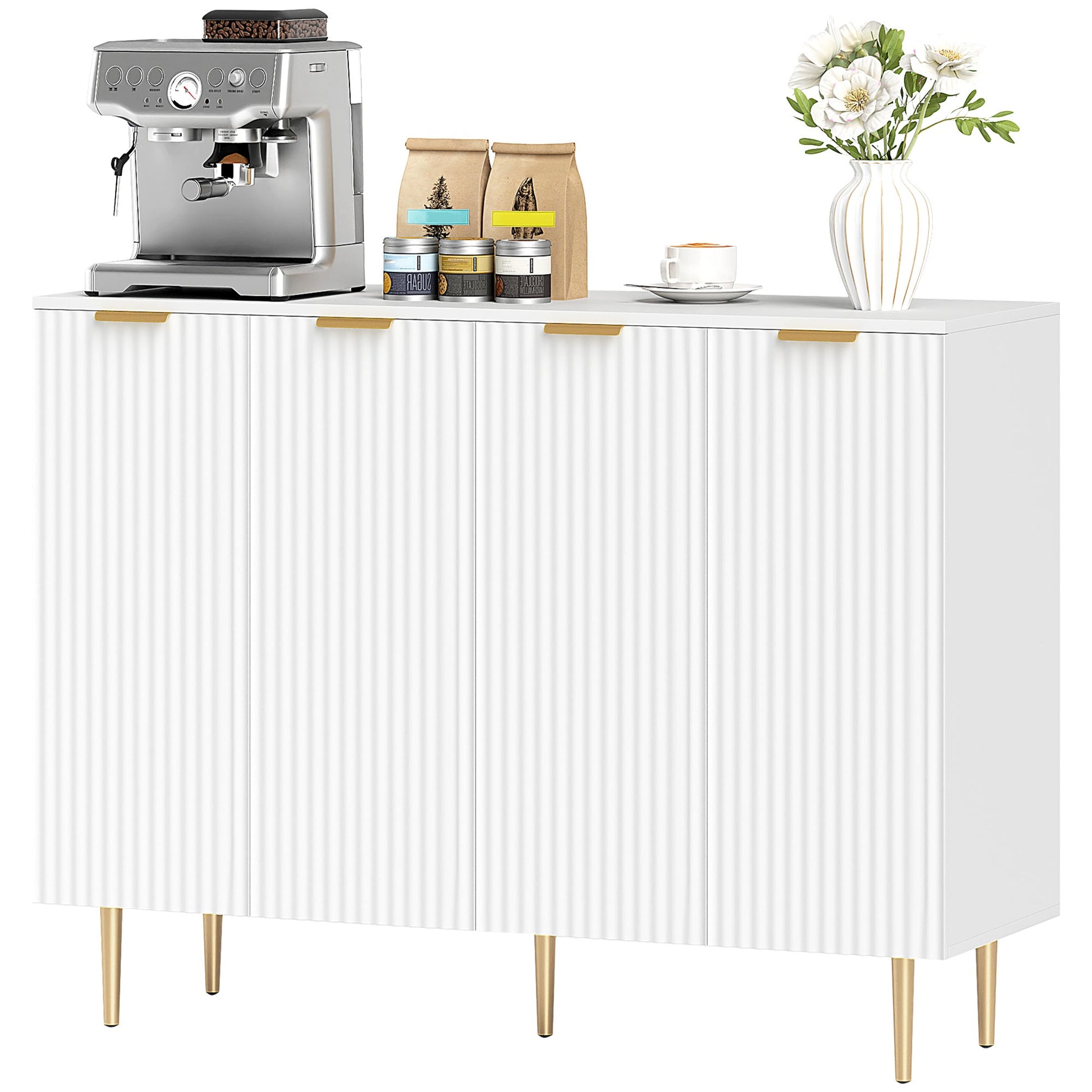 Sideboard Buffet Cabinet, Modern Kitchen Storage Cabinet with 4 Doors and Adjustable Shelves, Living Room Cabinet with Metal Legs for Hallway, White