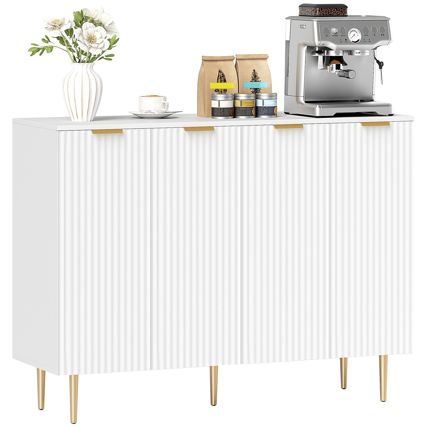 Sideboard Buffet Cabinet, Modern Kitchen Storage Cabinet with 4 Doors and Adjustable Shelves, Living Room Cabinet with Metal Legs for Hallway, White