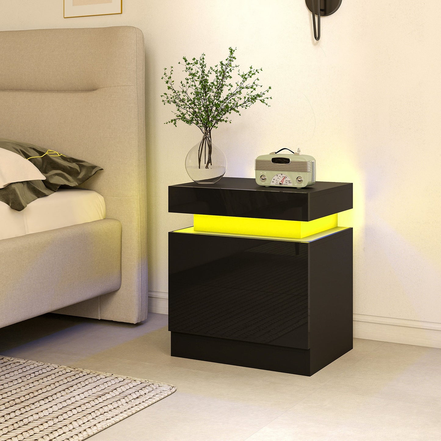 High Gloss Front Bedside Table, APP Control Nightstand with RGB LED Light and 2 Drawers, Chest of Drawers for Bedroom, Living Room, Set of 2, Black