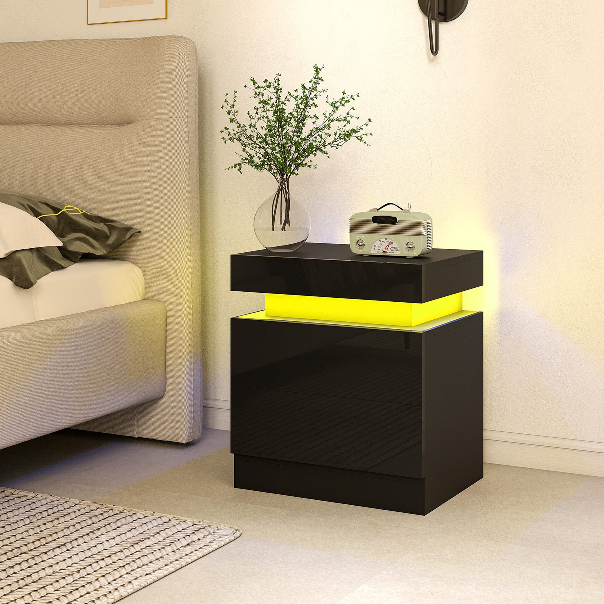 High Gloss Front Bedside Table, APP Control Nightstand with RGB LED Light and 2 Drawers, Chest of Drawers for Bedroom, Living Room, Set of 2, Black