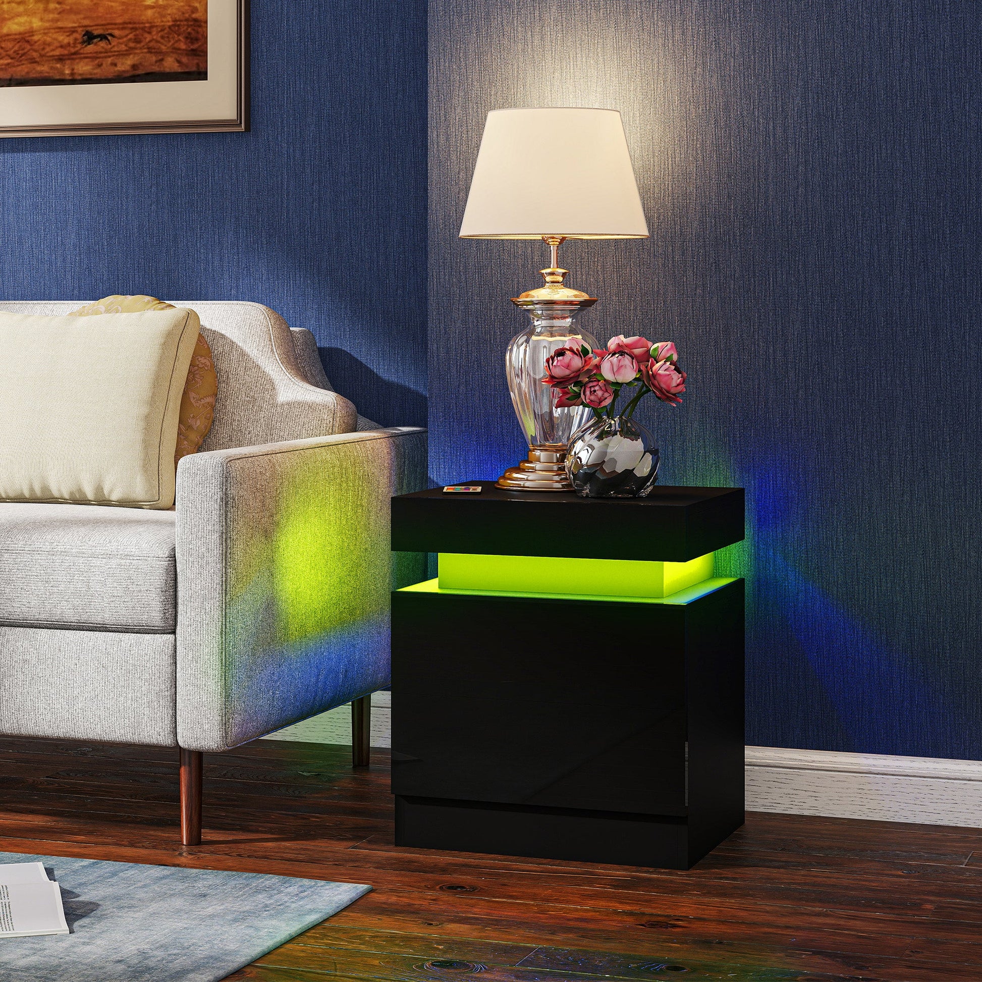 High Gloss Front Bedside Table, APP Control Nightstand with RGB LED Light and 2 Drawers, Chest of Drawers for Bedroom, Living Room, Set of 2, Black