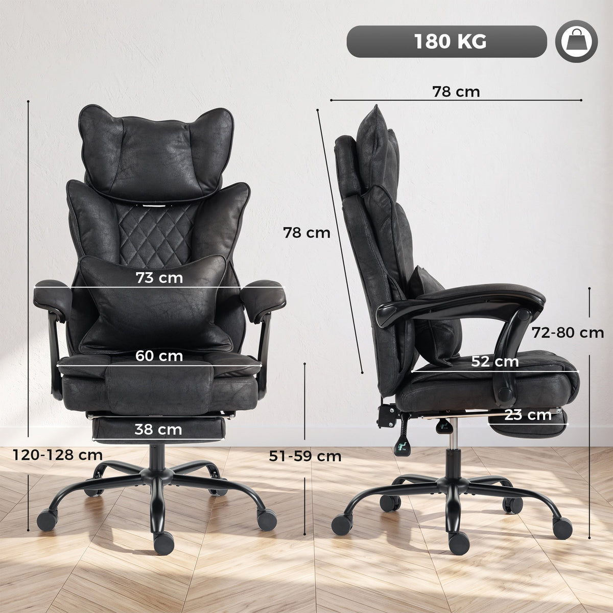 Executive Office Chair, 180kg Big and Tall Leathaire Desk Chair with Adjustable Headrest, Lumbar Support, Wide Seat, Reclining Back, Footrest, Swivel Wheels, Black
