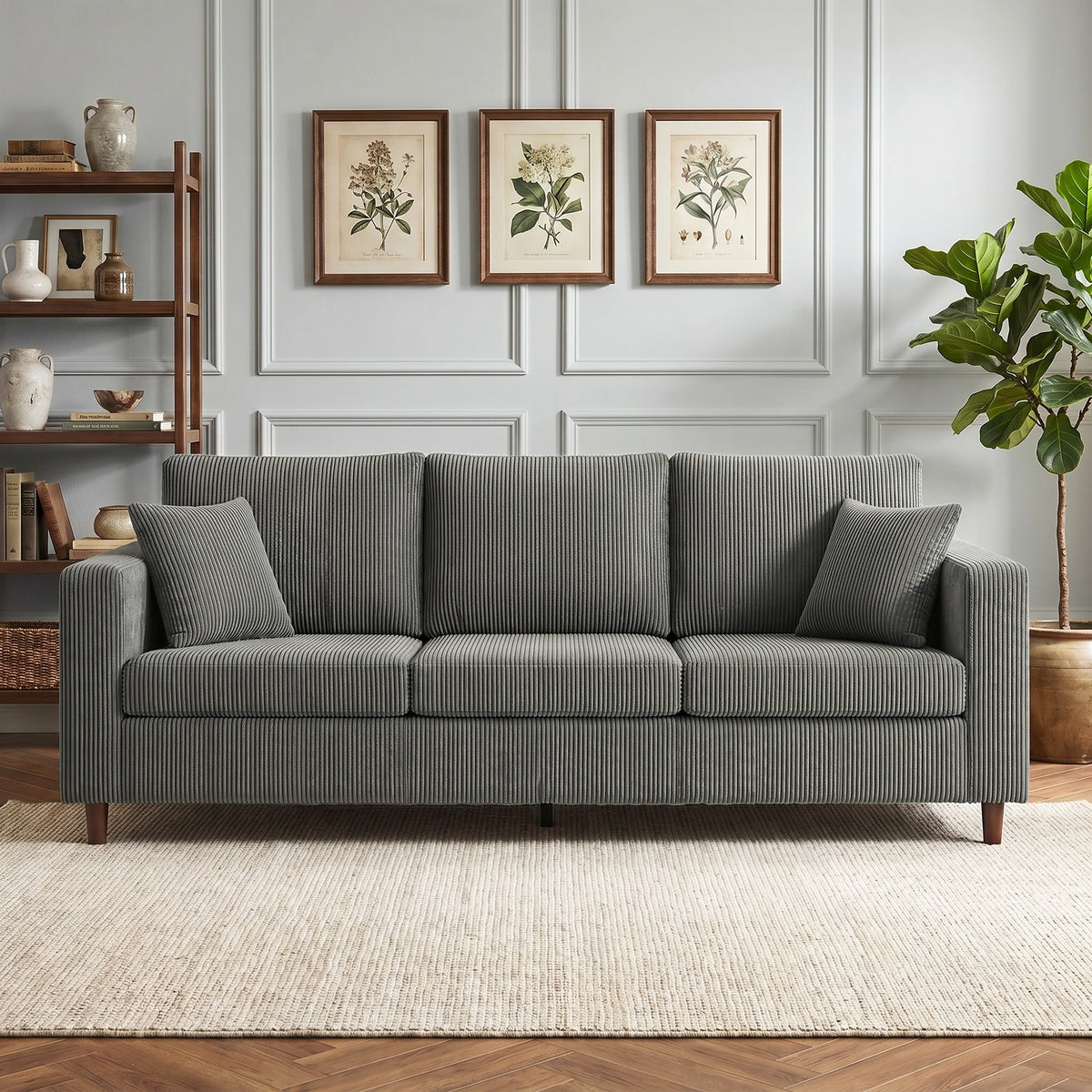 3 Seater Sofa, 225 cm Comfy Corduroy Couch with Wide Deep Seat, Wide Armrests, Spring Cushion, Thick Padded, Solid Wood Legs, Fabric Sofa for Living Room, Light Grey
