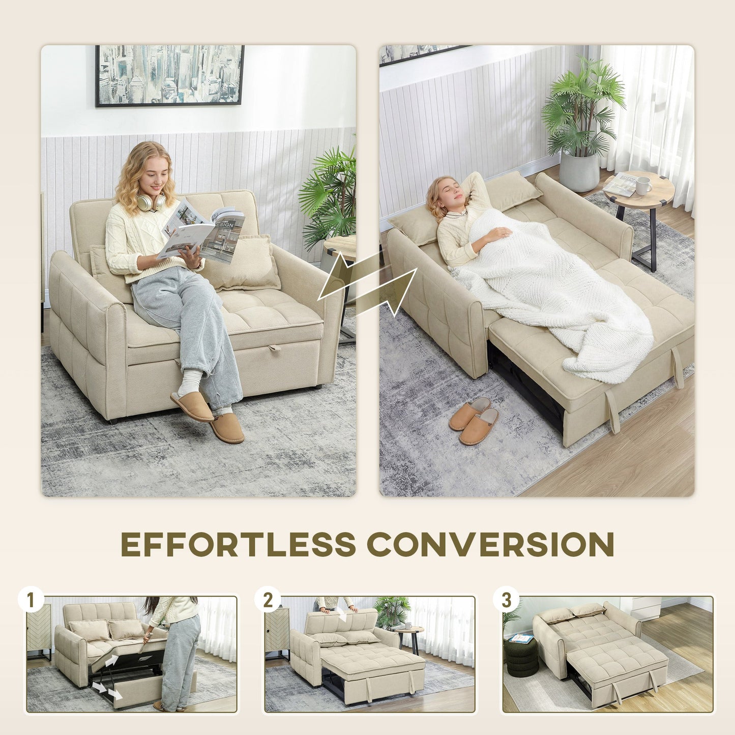 2 Seater Sofa Bed, 3-in-1 Convertible Sleeper Sofa with Click-clack Adjustable Backrest and 2 Pillows, Pull Out Corn Velvet-feel Fabric Bed Settee for Living Room, Guest Room, Light Brown