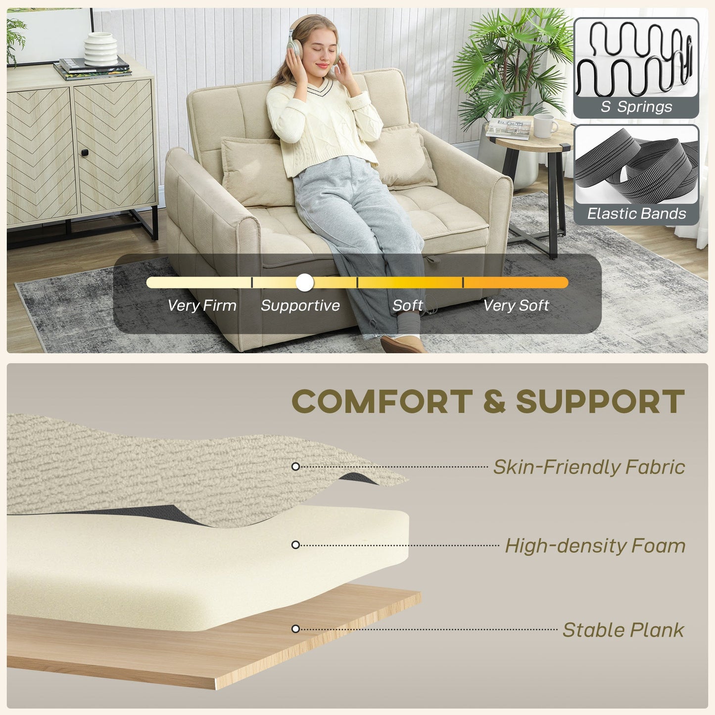 2 Seater Sofa Bed, 3-in-1 Convertible Sleeper Sofa with Click-clack Adjustable Backrest and 2 Pillows, Pull Out Corn Velvet-feel Fabric Bed Settee for Living Room, Guest Room, Light Brown