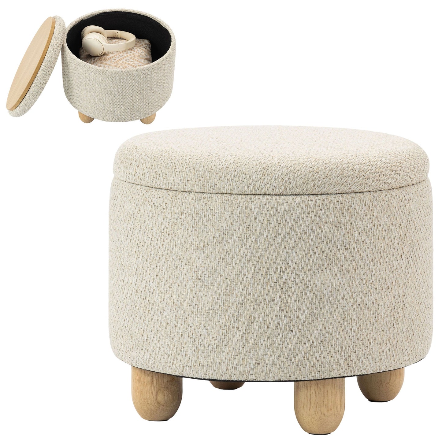 Storage Ottoman, Burlap Fabric Round Small Ottoman Foot Rest with Lid, Rubberwood Legs, End of Bed Bench Footstool for Bedroom, Hallway, Living Room, 38.5 x 38.5 cm, Beige