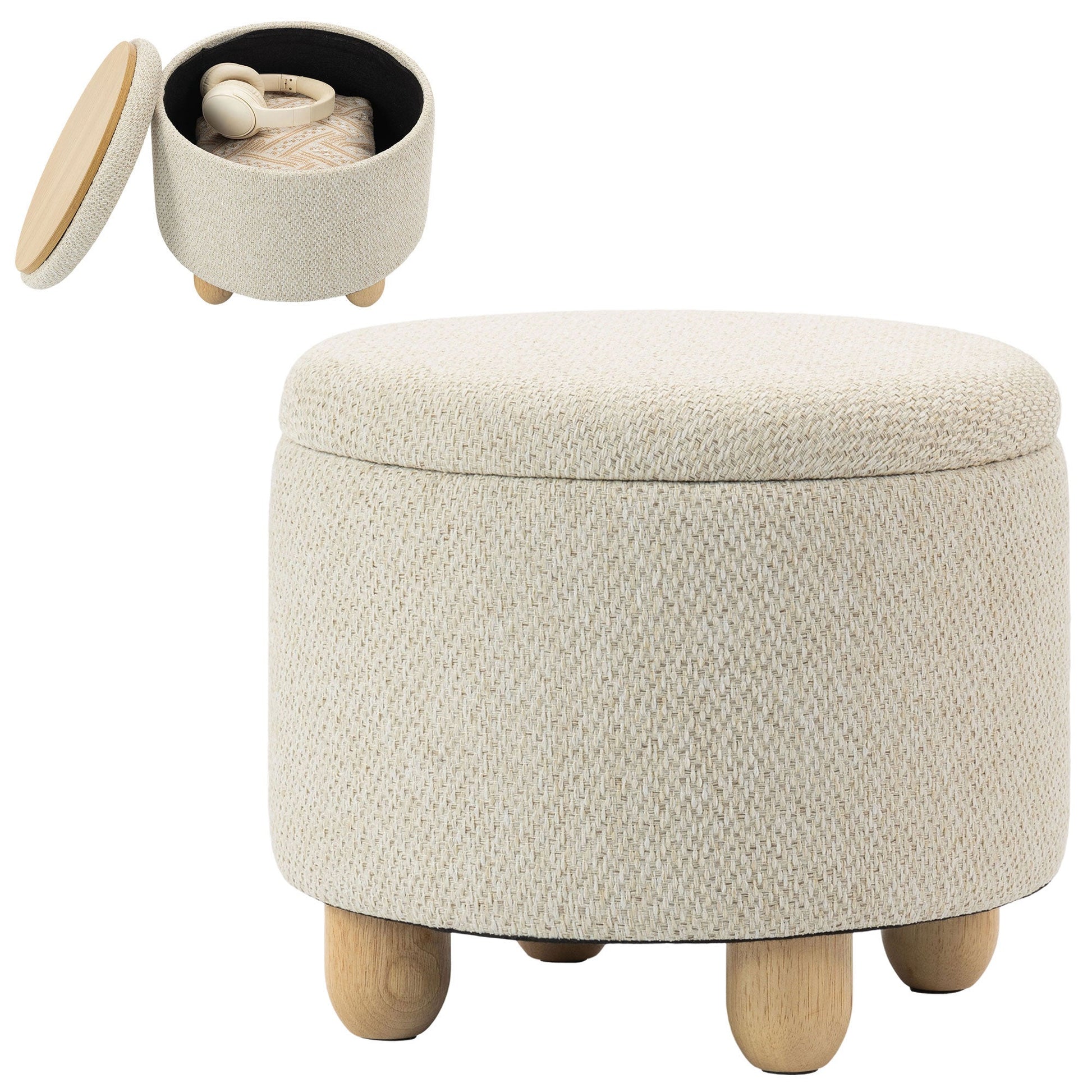 Storage Ottoman, Burlap Fabric Round Small Ottoman Foot Rest with Lid, Rubberwood Legs, End of Bed Bench Footstool for Bedroom, Hallway, Living Room, 38.5 x 38.5 cm, Beige