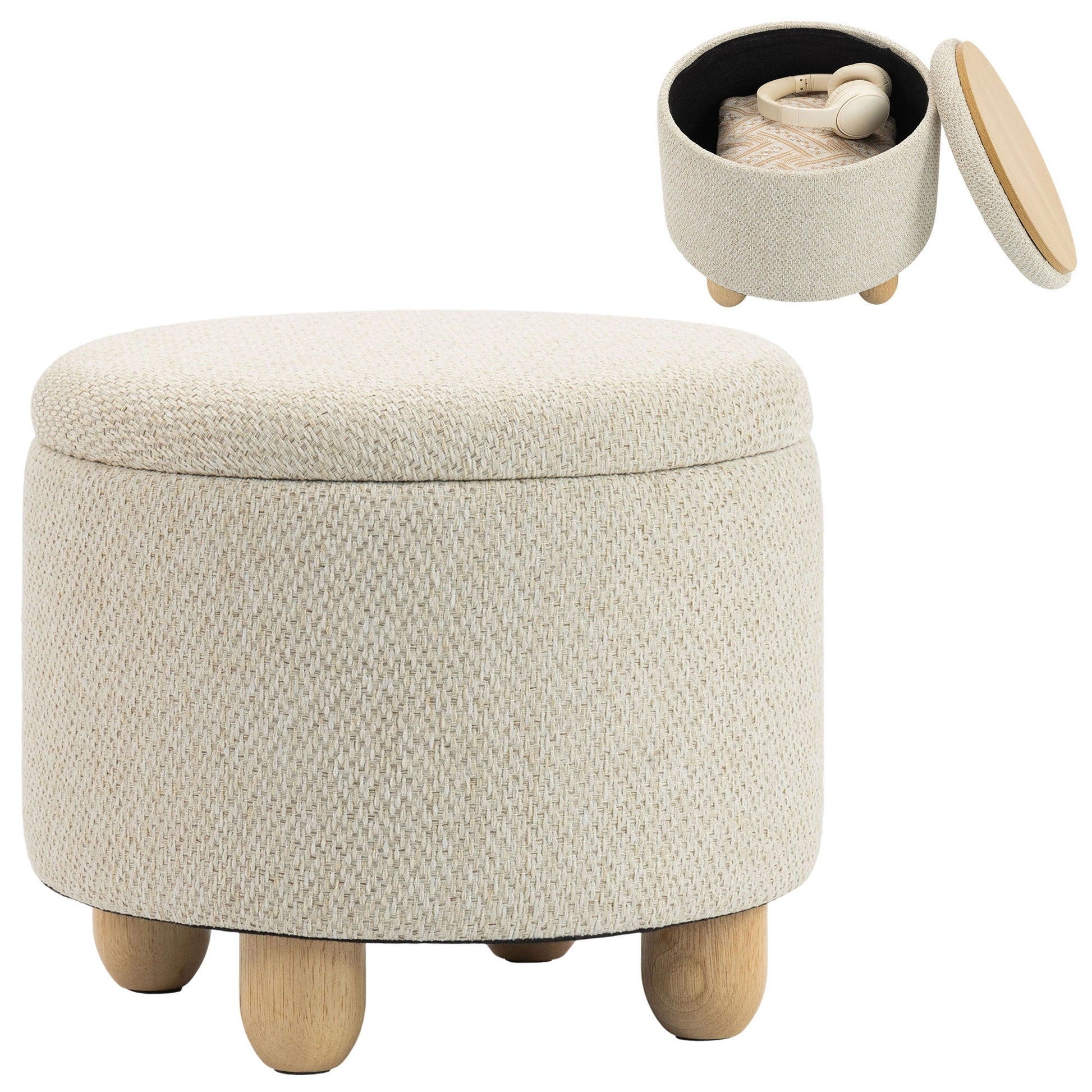 Storage Ottoman, Burlap Fabric Round Small Ottoman Foot Rest with Lid, Rubberwood Legs, End of Bed Bench Footstool for Bedroom, Hallway, Living Room, 38.5 x 38.5 cm, Beige
