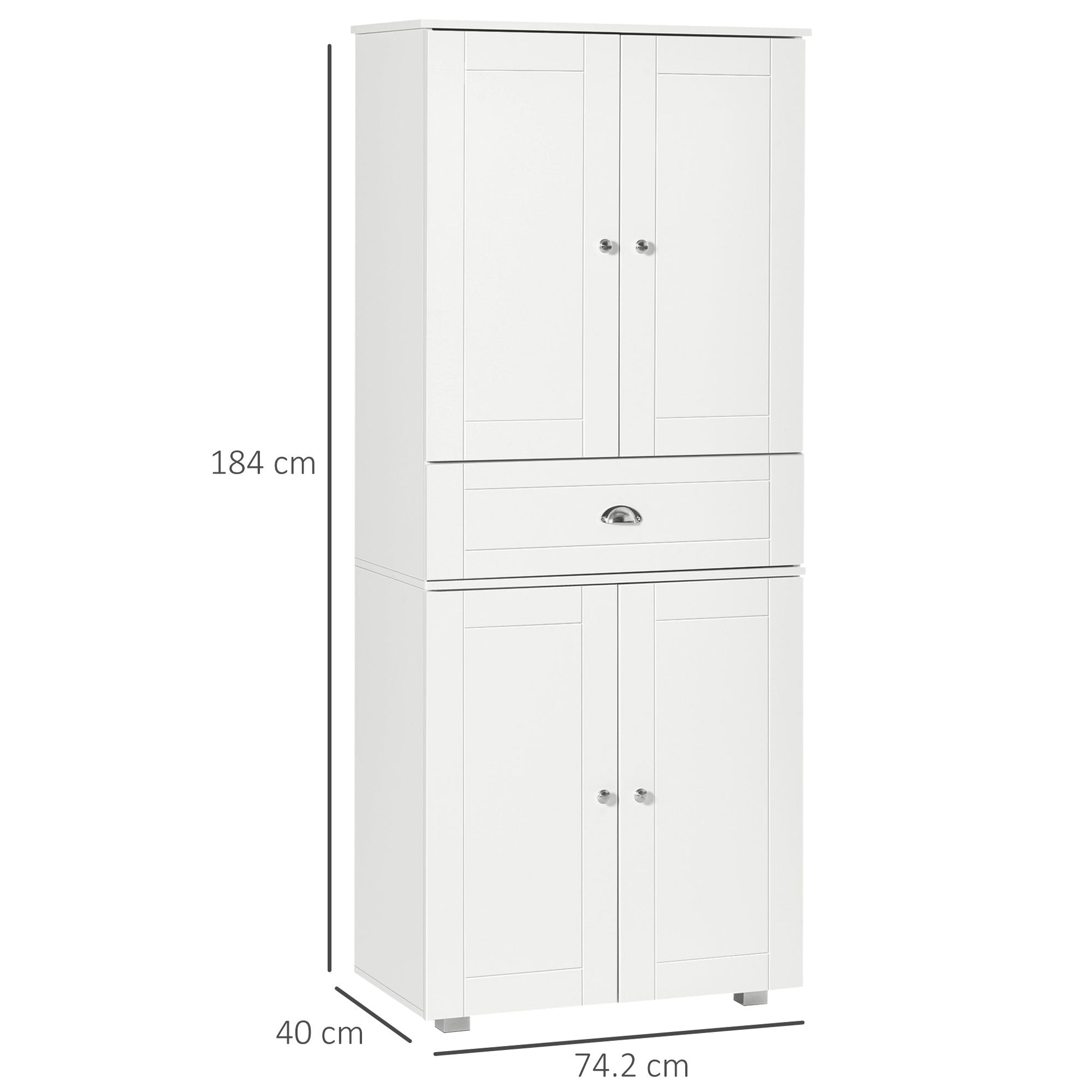 184cm Tall Kitchen Cupboard, Freestanding Kitchen Pantry Storage Cabinet with 4 Doors, 3 Adjustable Shelves, Drawer, Anti-tipping Device, Sideboard Organiser for Dining Room, Living Room, White