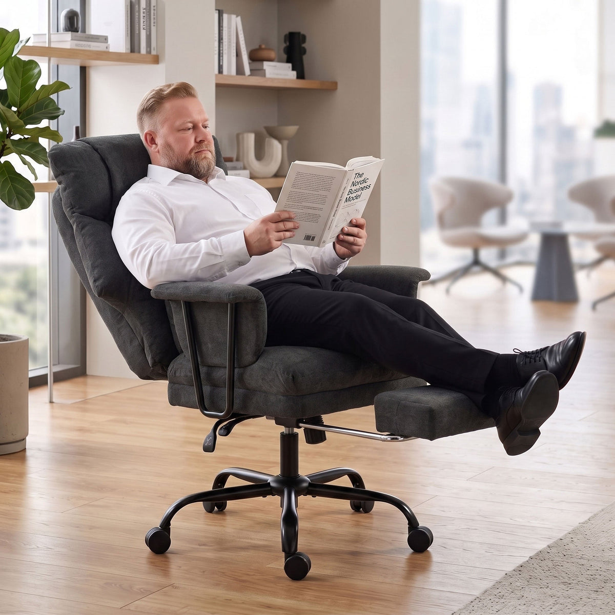 Office Chair, 180kg Heavy Duty Linen Computer Desk Chair with Lumbar Support, Wide Seat, Spring Cushion, Reclining Backrest, Footrest, Swivel Wheels, Black