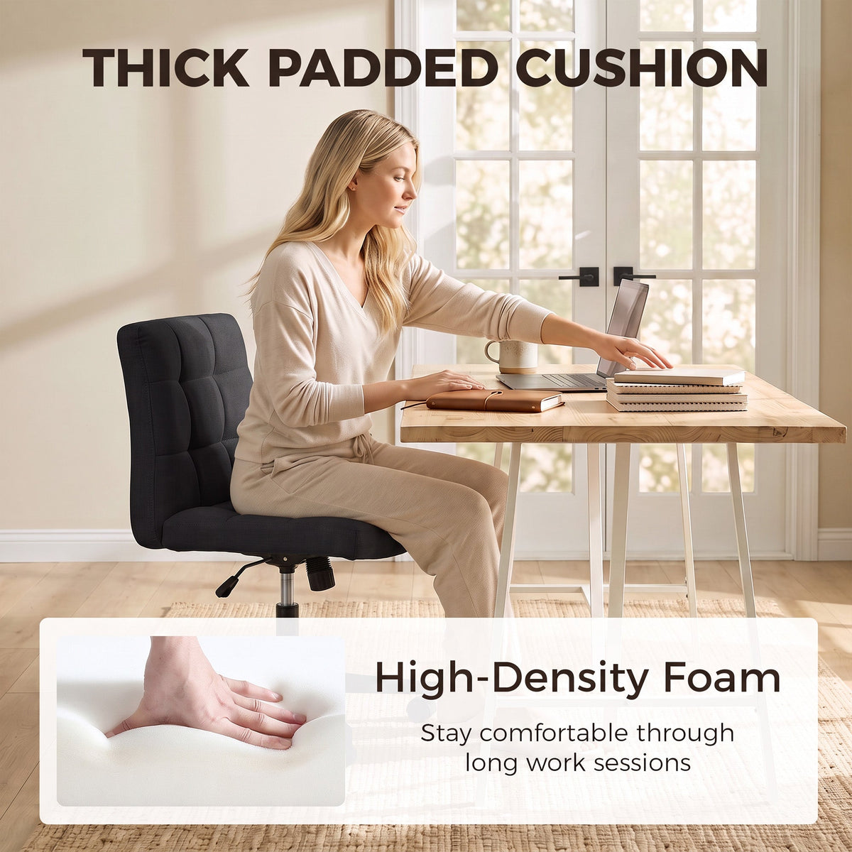 Armless Office Chair, Cross Legged Linen Computer Desk Vanity Chair with Wide Seat, Rocking Function, Swivel, Adjustable Height for Home Office, Study, Bedroom, Makeup, Black