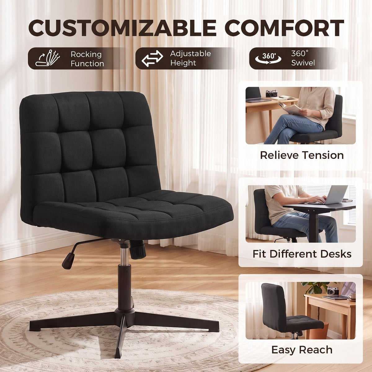 Armless Office Chair, Cross Legged Linen Computer Desk Vanity Chair with Wide Seat, Rocking Function, Swivel, Adjustable Height for Home Office, Study, Bedroom, Makeup, Black