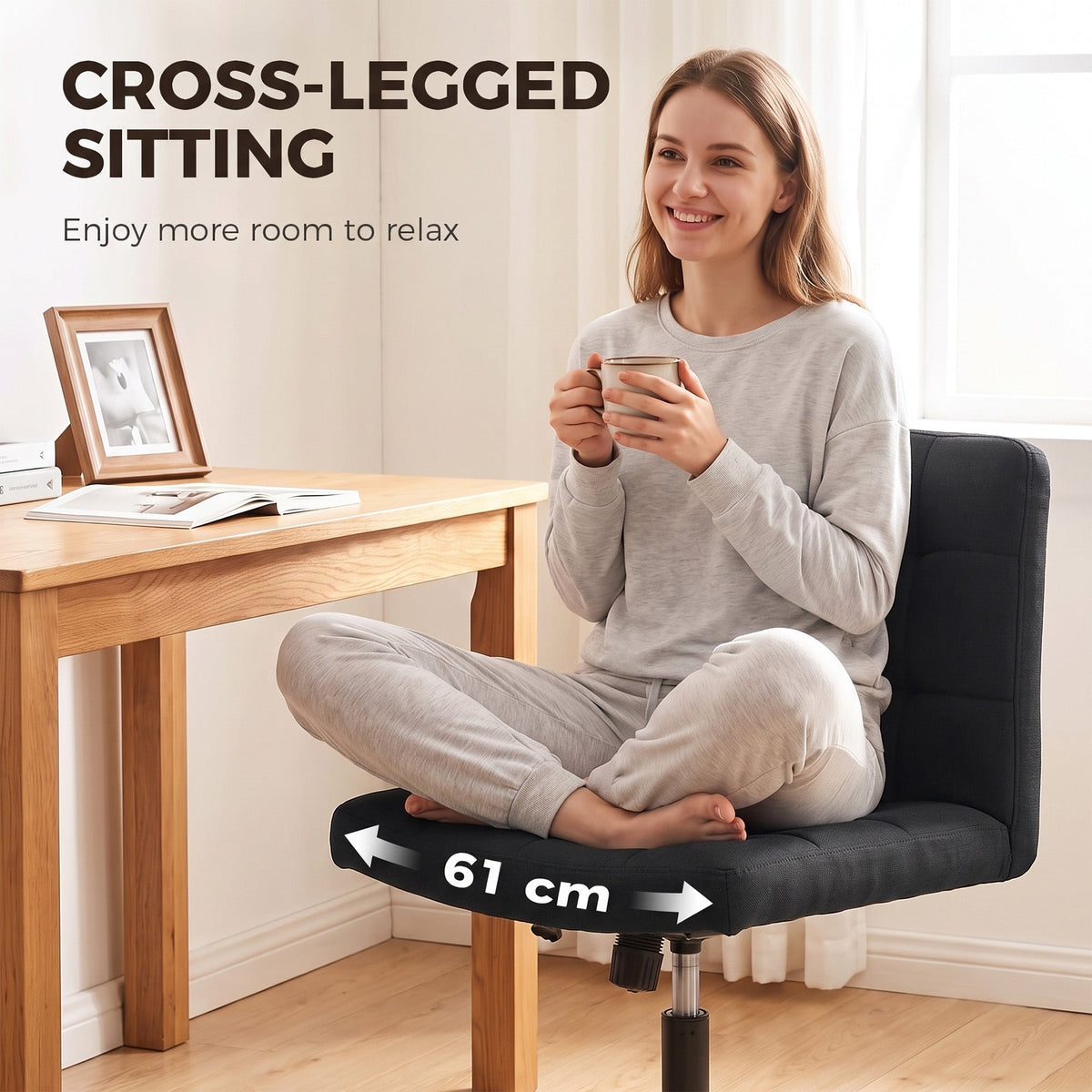 Armless Office Chair, Cross Legged Linen Computer Desk Vanity Chair with Wide Seat, Rocking Function, Swivel, Adjustable Height for Home Office, Study, Bedroom, Makeup, Black