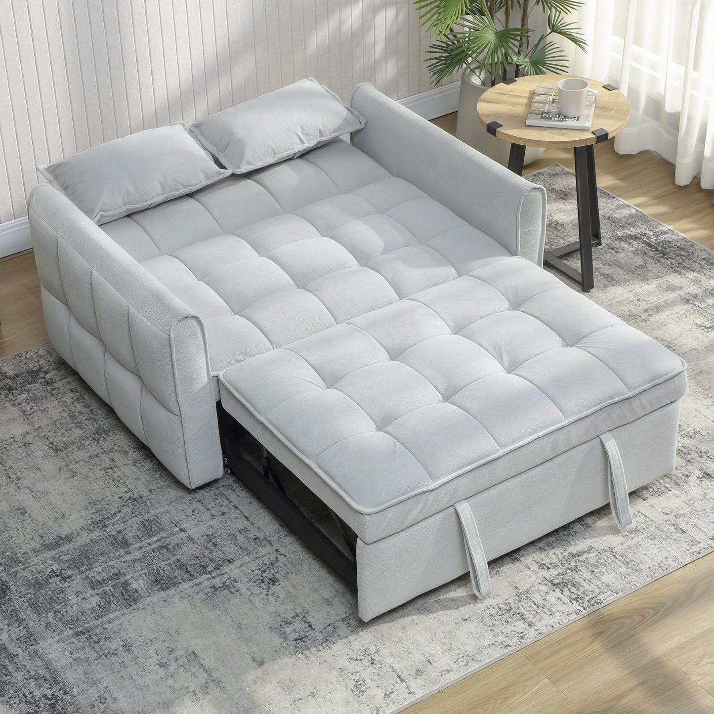 2 Seater Sofa Bed, 3-in-1 Convertible Sleeper Sofa with Click-clack Adjustable Backrest and 2 Pillows, Pull Out Corn Velvet-feel Fabric Bed Settee for Living Room, Guest Room, Light Grey