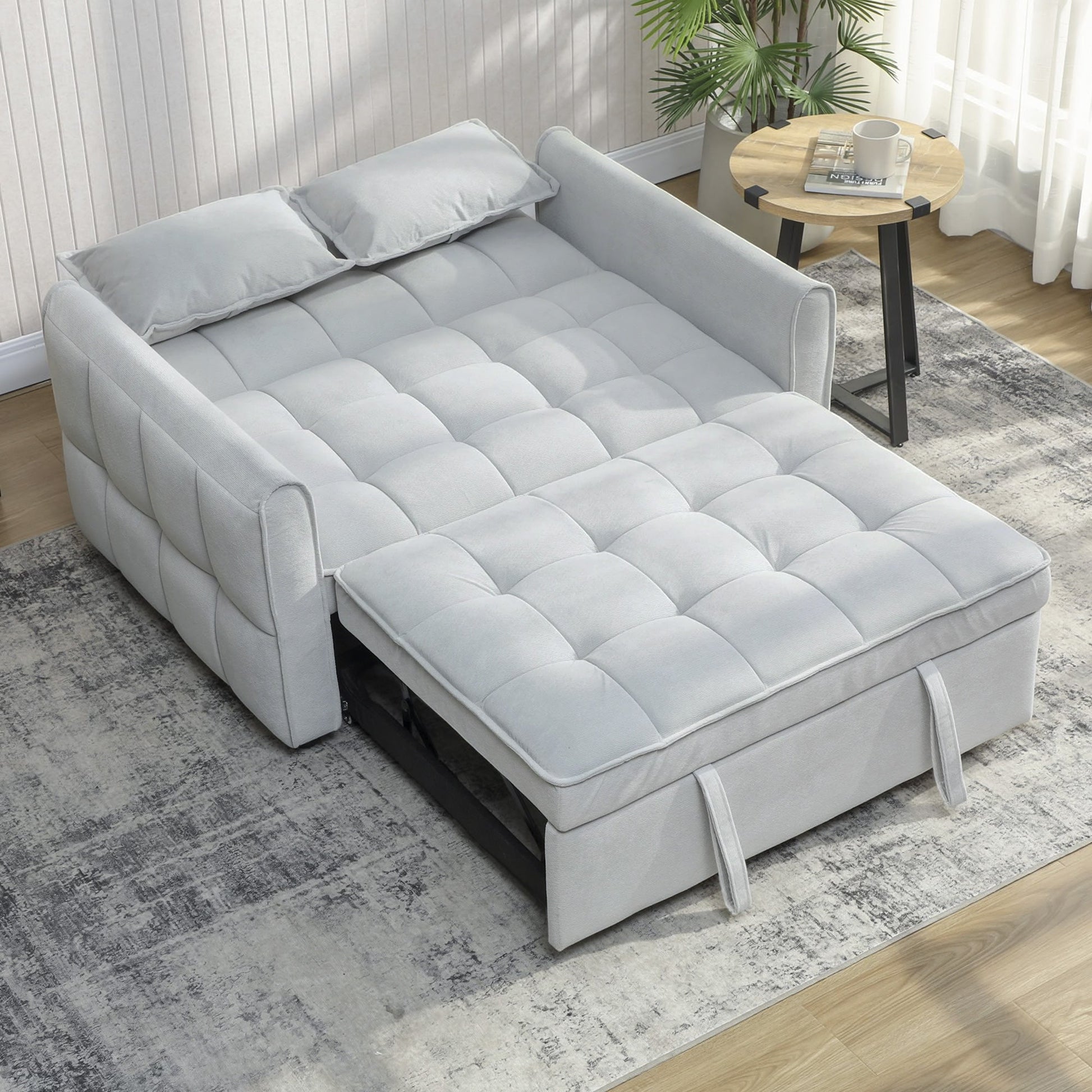 2 Seater Sofa Bed, 3-in-1 Convertible Sleeper Sofa with Click-clack Adjustable Backrest and 2 Pillows, Pull Out Corn Velvet-feel Fabric Bed Settee for Living Room, Guest Room, Light Grey