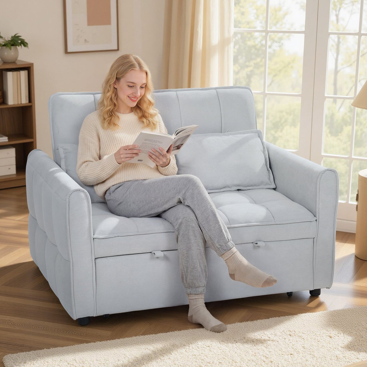 2 Seater Sofa Bed, 3-in-1 Convertible Sleeper Sofa with Click-clack Adjustable Backrest and 2 Pillows, Pull Out Corn Velvet-feel Fabric Bed Settee for Living Room, Guest Room, Light Grey