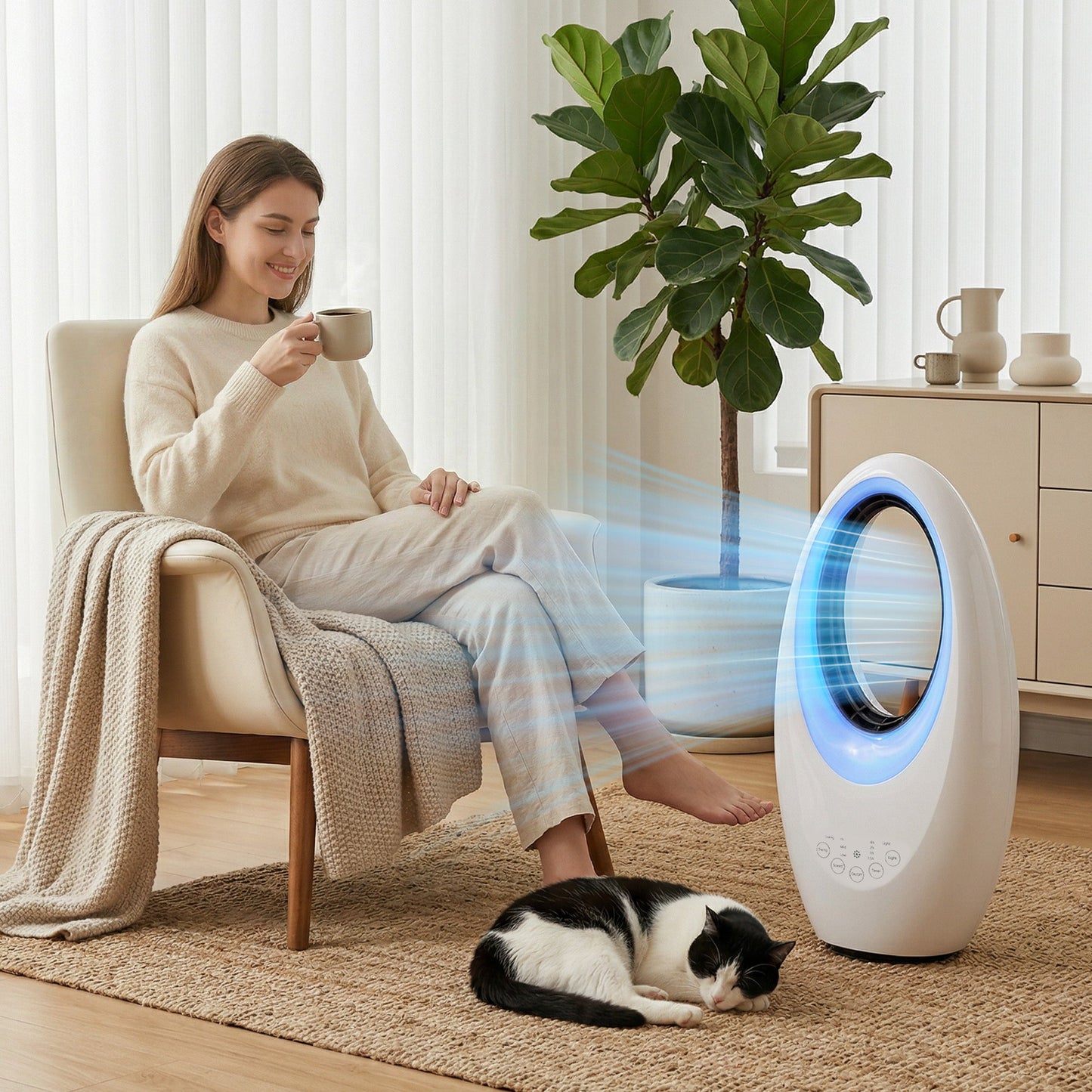 Bladeless Tower Fan for Bedroom, 36dB Standing Cooling Fan with 60° Oscillating, LED Lights, 3 Speeds, 7.5H Timer, Remote Control, White