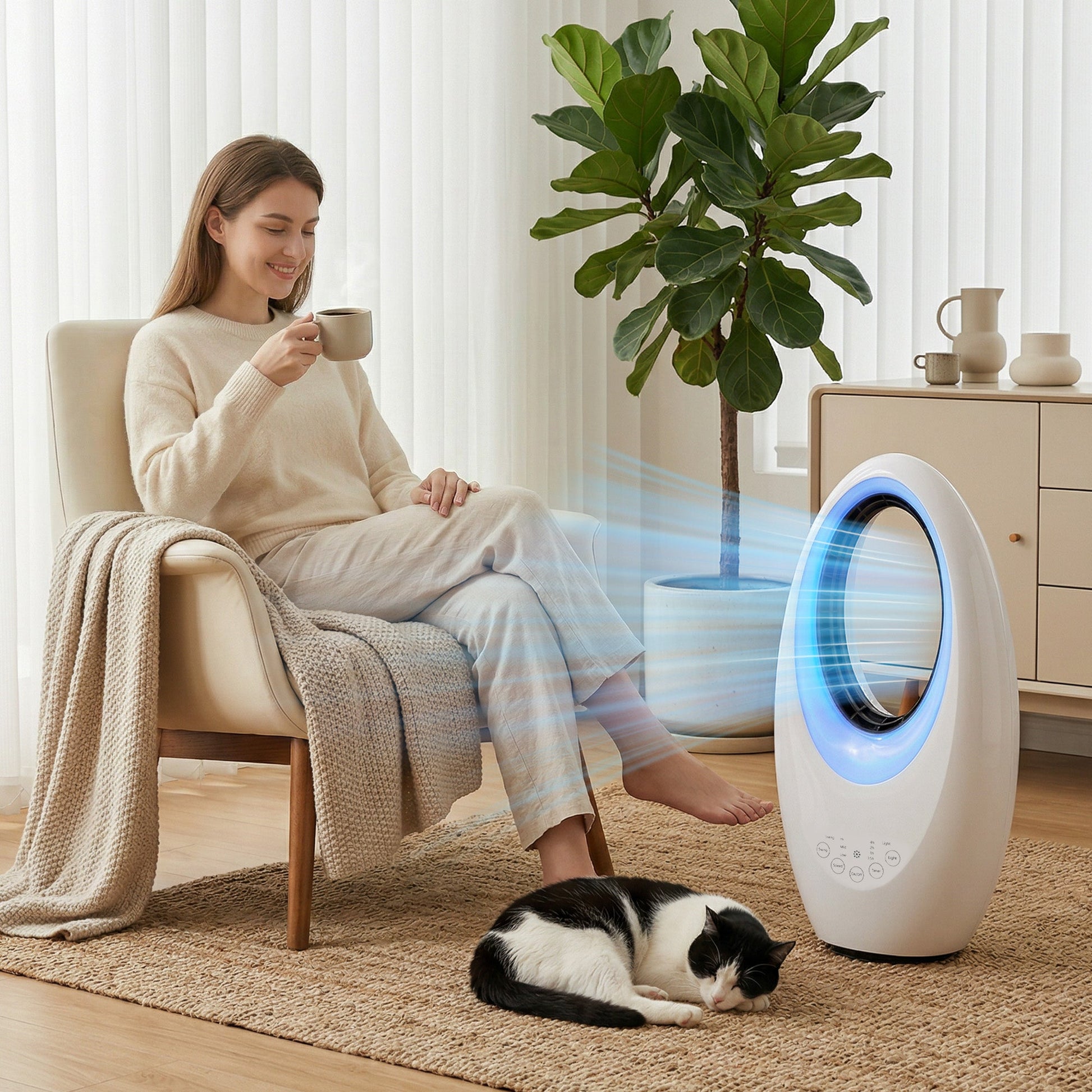Bladeless Tower Fan for Bedroom, 36dB Standing Cooling Fan with 60° Oscillating, LED Lights, 3 Speeds, 7.5H Timer, Remote Control, White