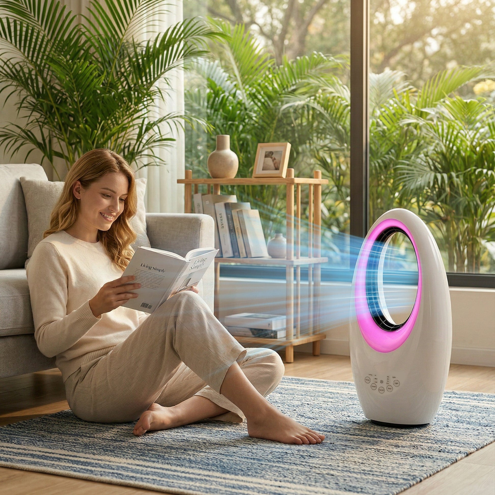 Bladeless Tower Fan for Bedroom, 36dB Standing Cooling Fan with 60° Oscillating, LED Lights, 3 Speeds, 7.5H Timer, Remote Control, White