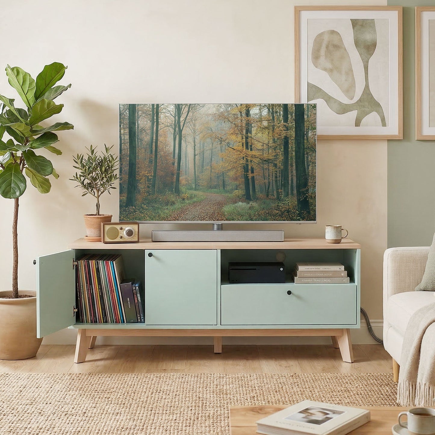 TV Stand Cabinet for Television up to 36 Inch, Modern TV Unit with 2 Doors and Open Shelf, Entertainment Center with Adjustable Shelf for Living Room, Light Green