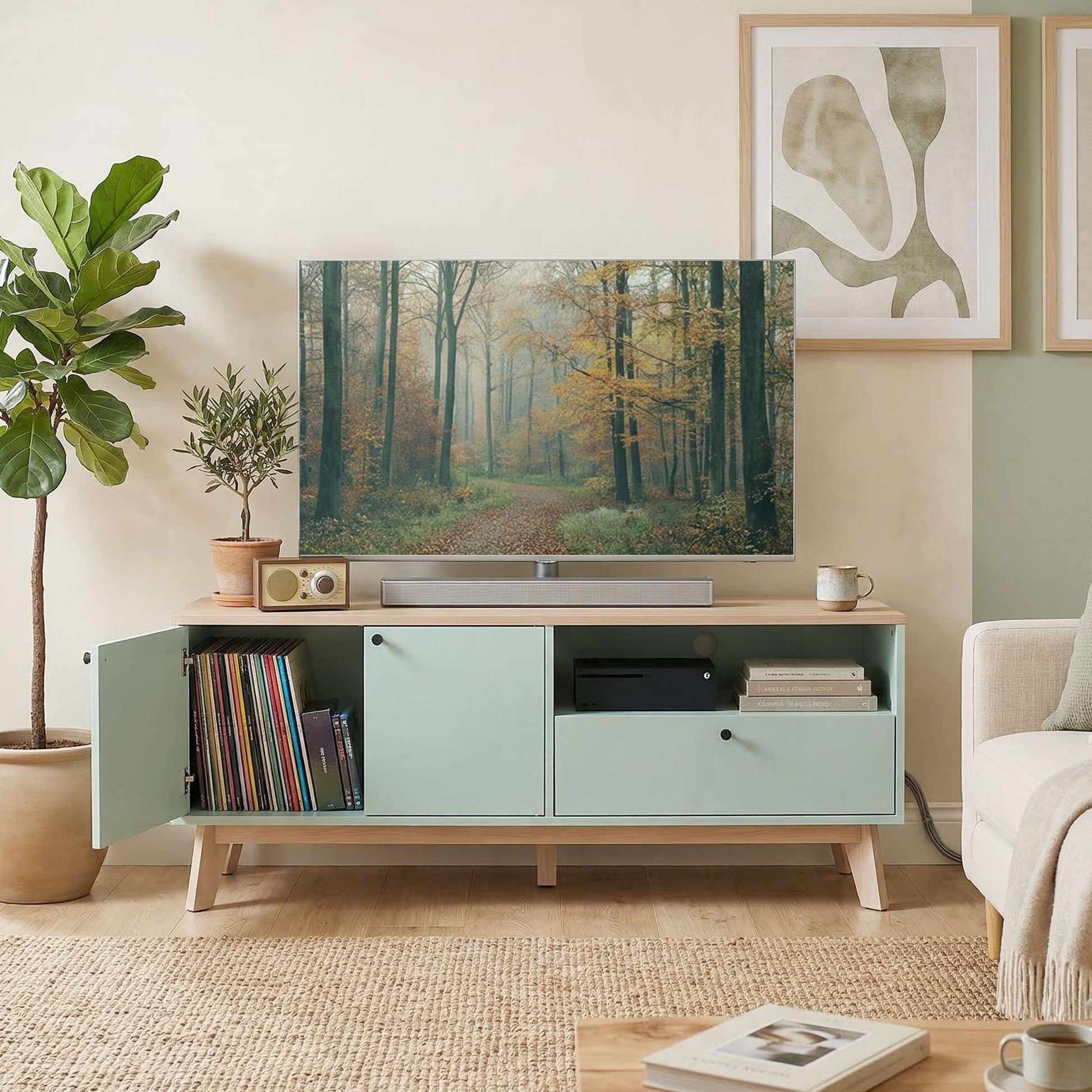 TV Stand Cabinet for Television up to 36 Inch, Modern TV Unit with 2 Doors and Open Shelf, Entertainment Center with Adjustable Shelf for Living Room, Light Green