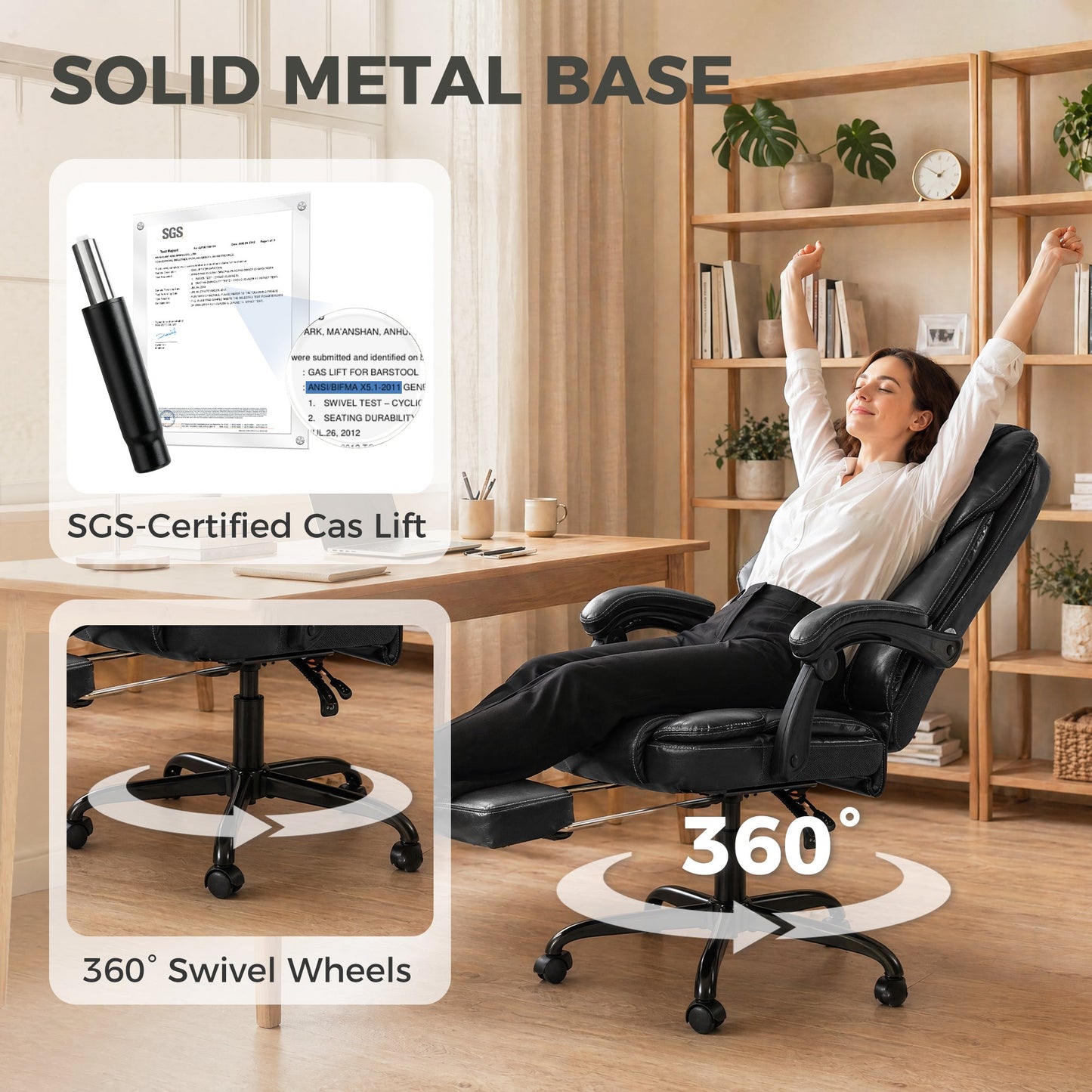 High-Back Executive Home Office Chair, PU Leather Computer Desk Chair with 360 Degree Swivel, Reclining Function, Retractable Footrest and Adjustable Height, Black
