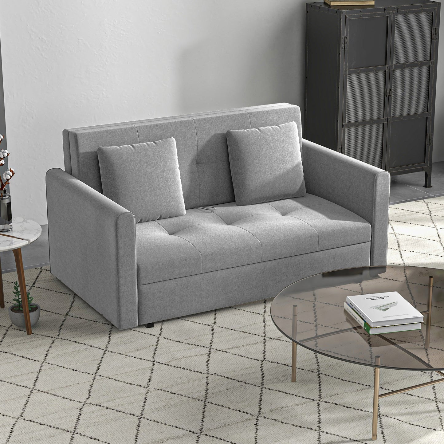 HOMCOM 2 Seater Sofa Bed, Convertible Bed Settee, Modern Fabric Loveseat Sofa Couch with 2 Cushions, Hidden Storage for Living Room, Guest Room, Light Grey