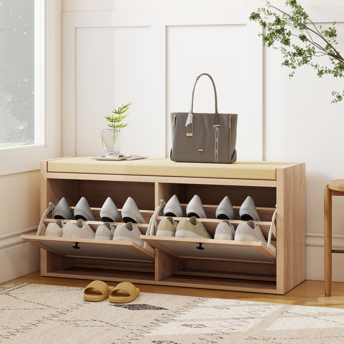 Shoe Bench with 2 Rattan Doors, Shoe Storage Bench with Padded Cushion Seat for Hallway, Living Room, Bedroom, Oak Wood Effect