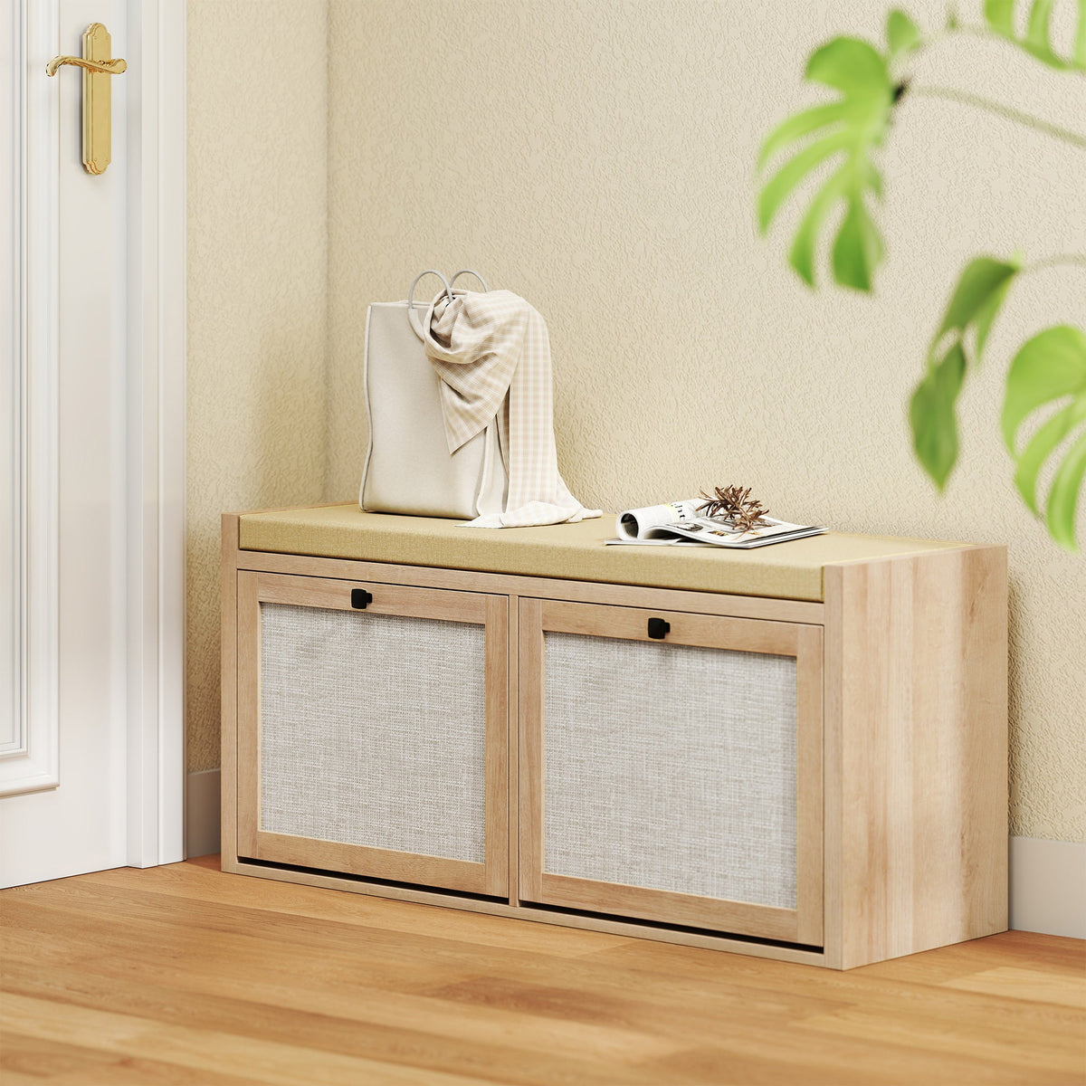 Shoe Bench with 2 Rattan Doors, Shoe Storage Bench with Padded Cushion Seat for Hallway, Living Room, Bedroom, Oak Wood Effect