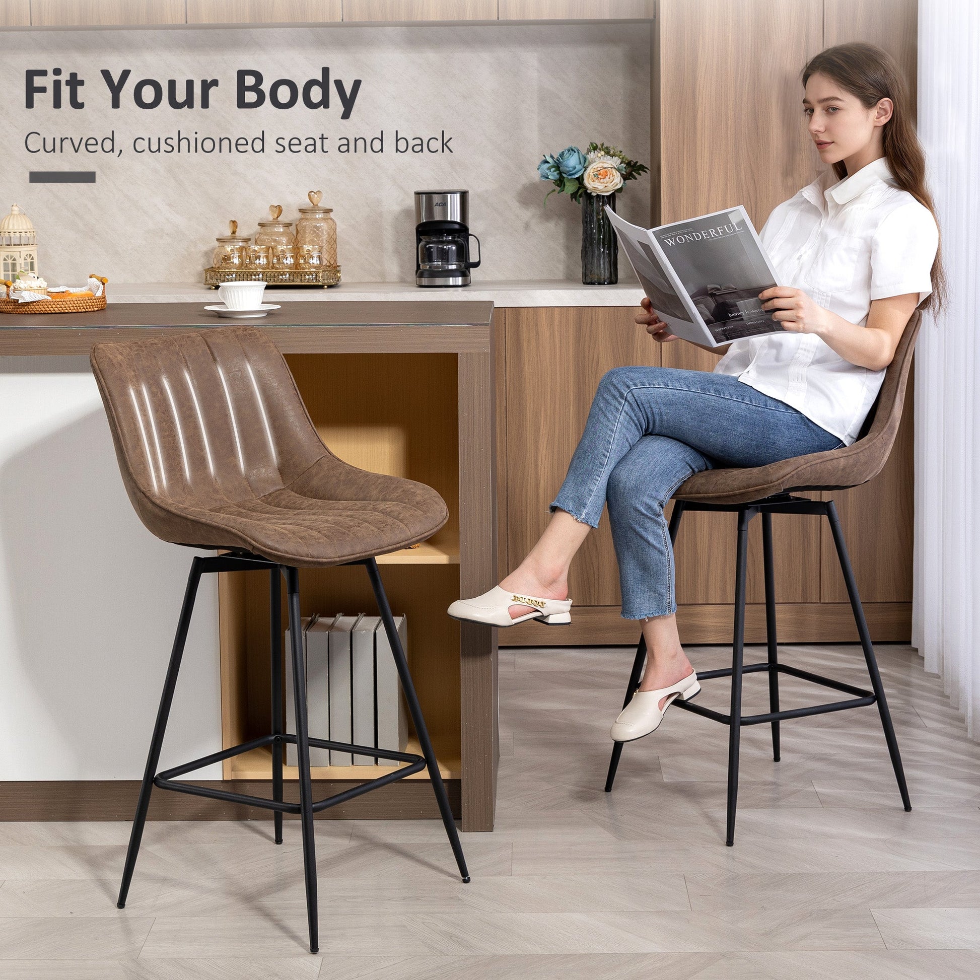 Swivel Bar Stools Set of 2, Textured Faux Leather Counter Stools with Backrest and Footrest, Height Adjustable Breakfast Chairs for Kitchen Island, Home Bar, Dining Room, Brown