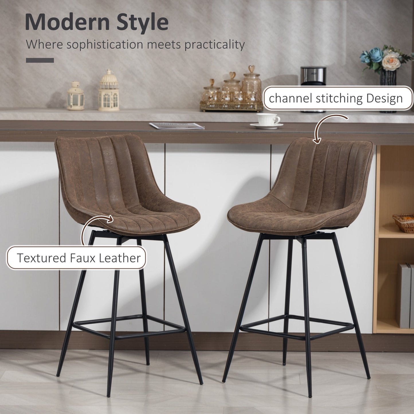 Swivel Bar Stools Set of 2, Textured Faux Leather Counter Stools with Backrest and Footrest, Height Adjustable Breakfast Chairs for Kitchen Island, Home Bar, Dining Room, Brown
