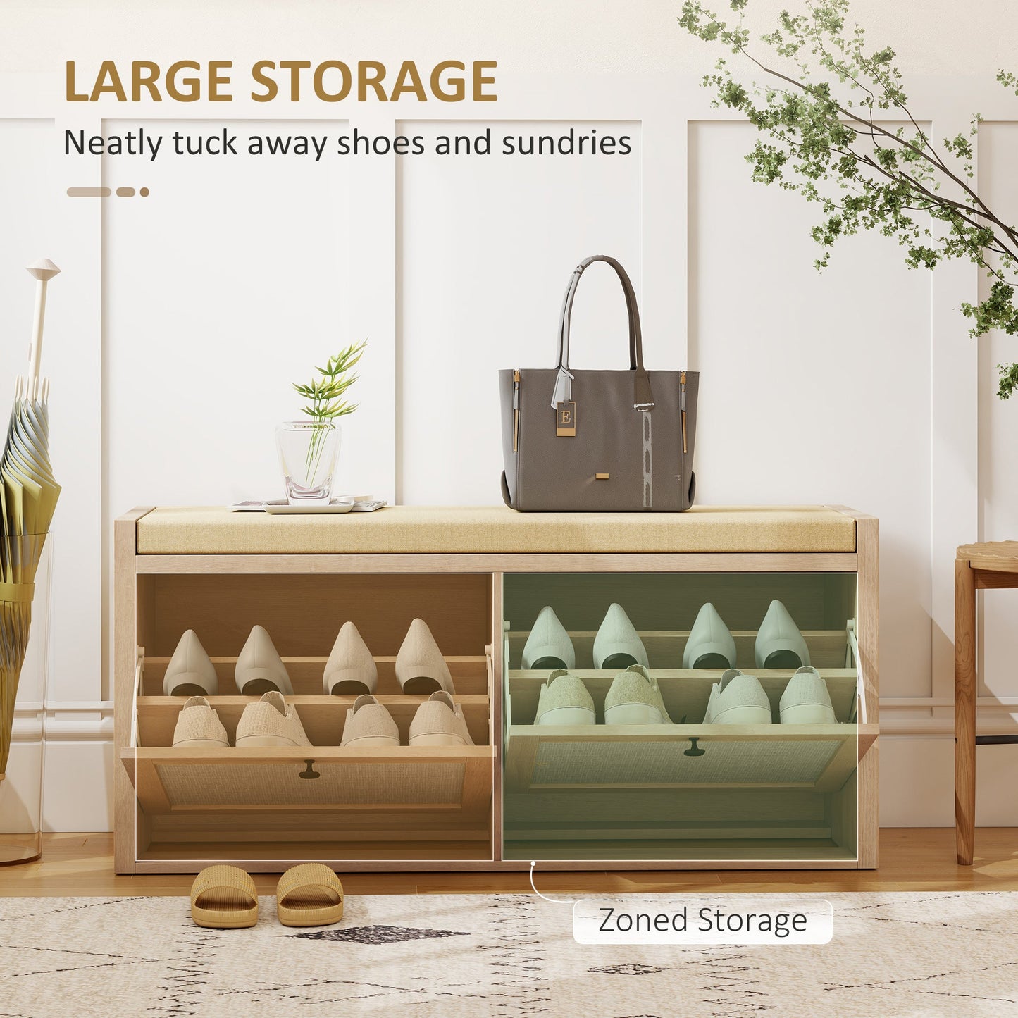 Shoe Bench with 2 Rattan Doors, Shoe Storage Bench with Padded Cushion Seat for Hallway, Living Room, Bedroom, Oak Wood Effect