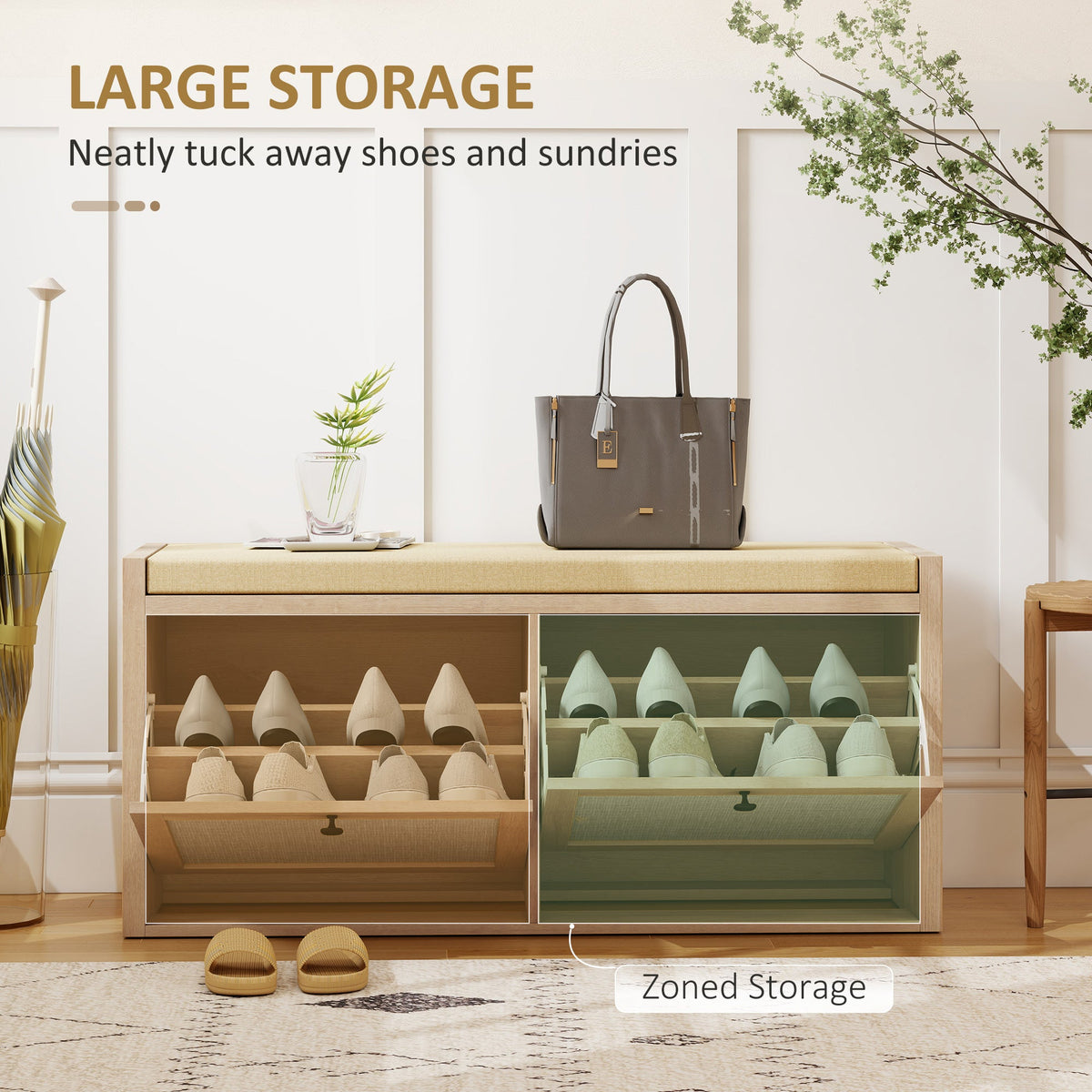 Shoe Bench with 2 Rattan Doors, Shoe Storage Bench with Padded Cushion Seat for Hallway, Living Room, Bedroom, Oak Wood Effect