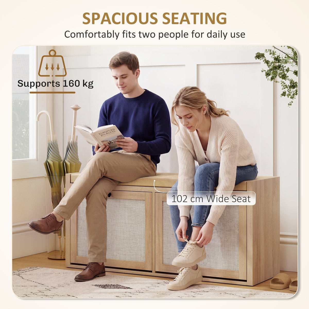 Shoe Bench with 2 Rattan Doors, Shoe Storage Bench with Padded Cushion Seat for Hallway, Living Room, Bedroom, Oak Wood Effect